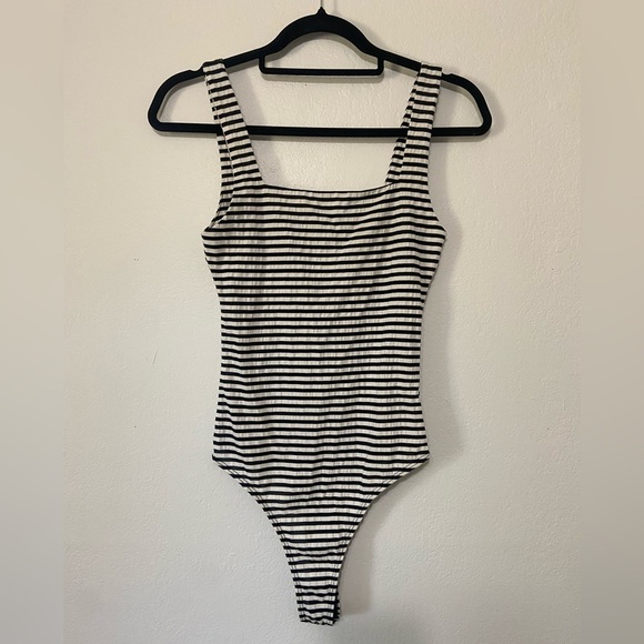By Together women's S horizontal black/white stripe snap crotch thong bodysuit - Picture 1 of 5